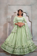 Light Pista Net Lehenga Choli For Indian Festival & Weddings - Thread Embroidery Work, Sequence Embroidery Work