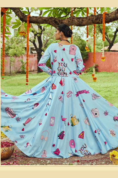 Sky Blue Cotton Chaniya Choli For Navratri Garba Festivals 8 Meter Flair - Print Work