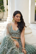 Dusty Green Net Embroidered Lehenga Choli For Indian Festival & Weddings - Thread Embroidery Work, Sequence Embroidery Work