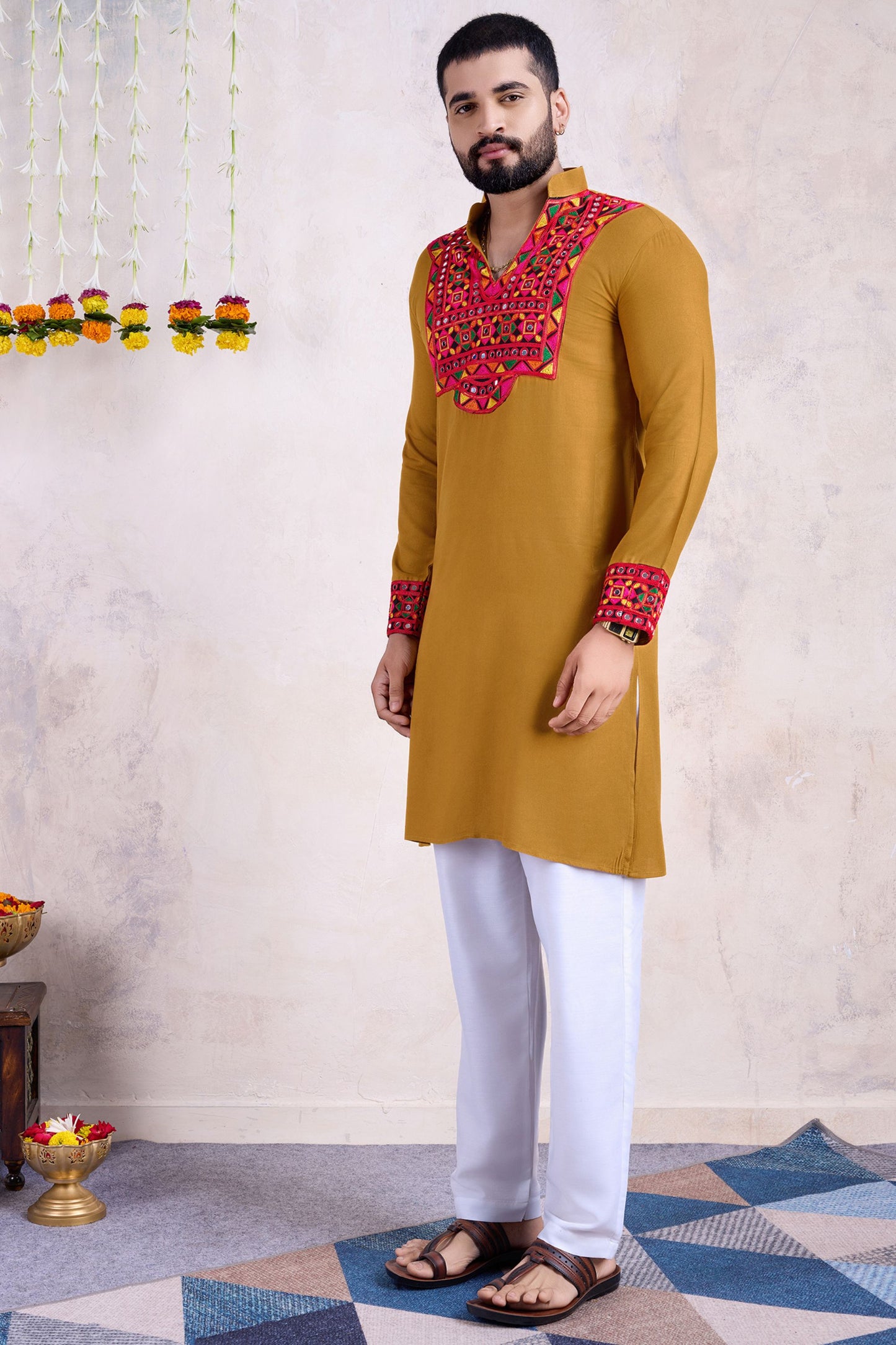 Yellow Rayon Kurta Pyjama for Men For Navratri Garba Festivals - Embroidery Work, Real Mirror Work