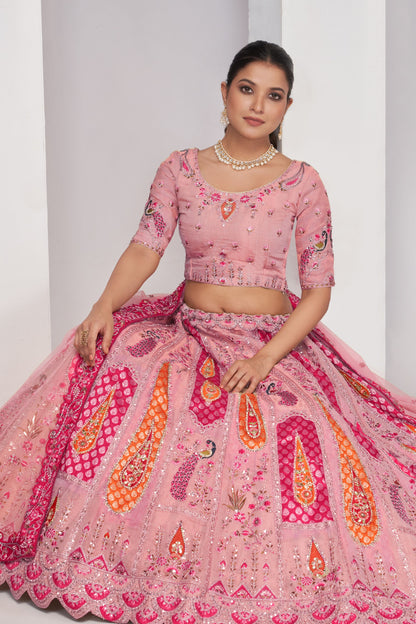 Pink Zari Silk Lehenga Choli For Indian Festivals & Weddings - Sequins Work, Patch Work, Zarkan Work, Thread Work