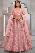 Peach Net Lehenga Choli For Indian Festival & Weddings - Thread Embroidery Work, Sequence Embroidery Work