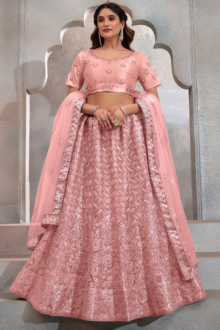 Peach Net Lehenga Choli For Indian Festival & Weddings - Thread Embroidery Work, Sequence Embroidery Work