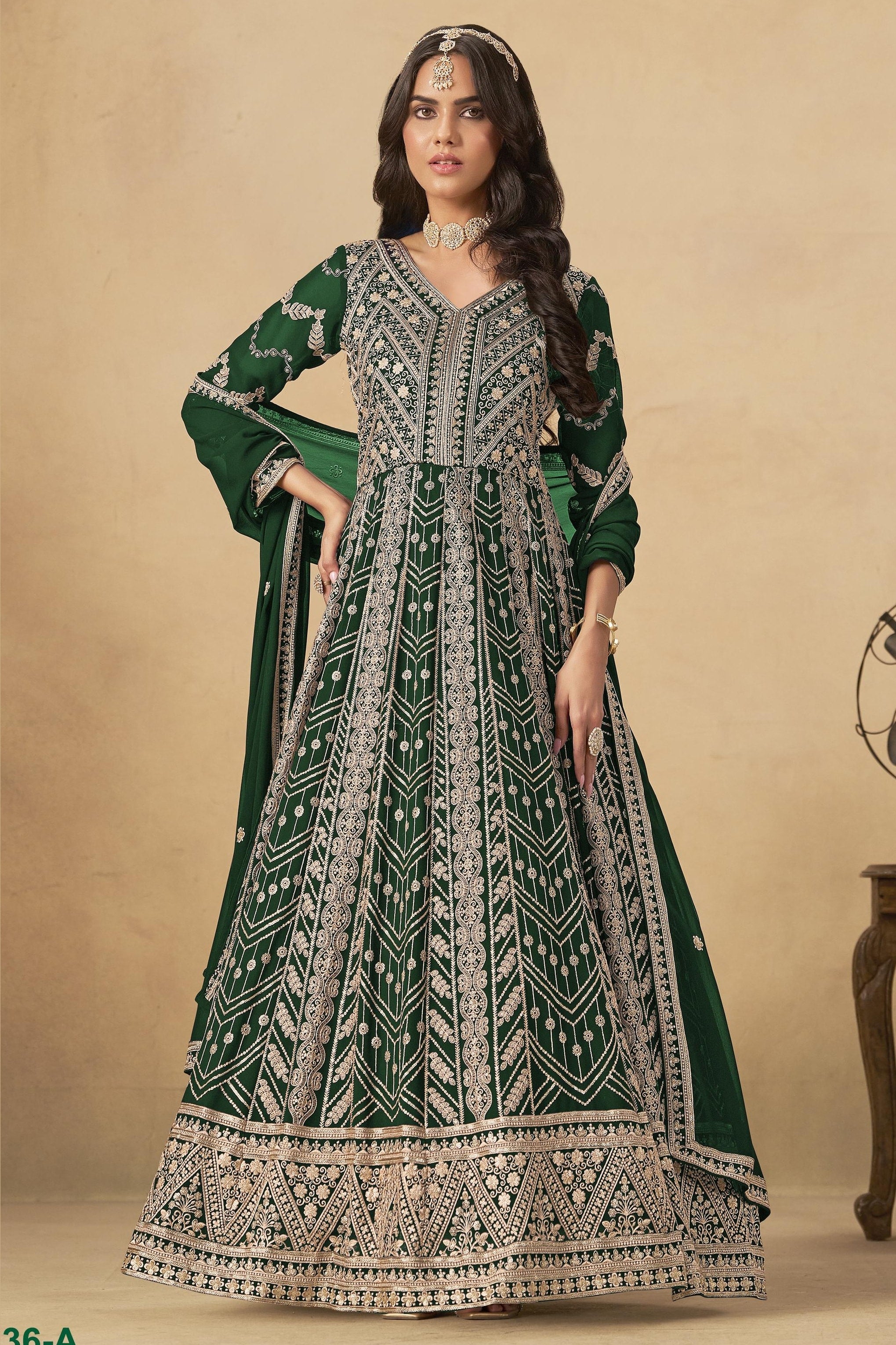 Green Georgette Anarkali Suit For Indian & Pakistani Wedding Festival - Thread & Sequins Embroidery Work