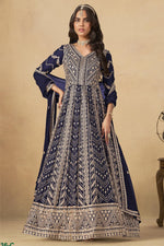 Navy Blue Georgette Anarkali Suit For Indian & Pakistani Wedding Festival - Thread & Sequins Embroidery Work