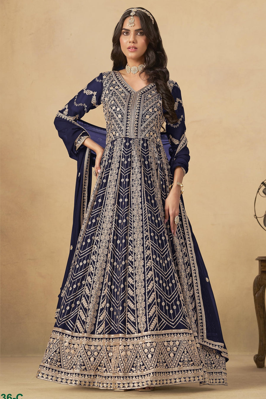 Navy Blue Georgette Anarkali Suit For Indian & Pakistani Wedding Festival - Thread & Sequins Embroidery Work