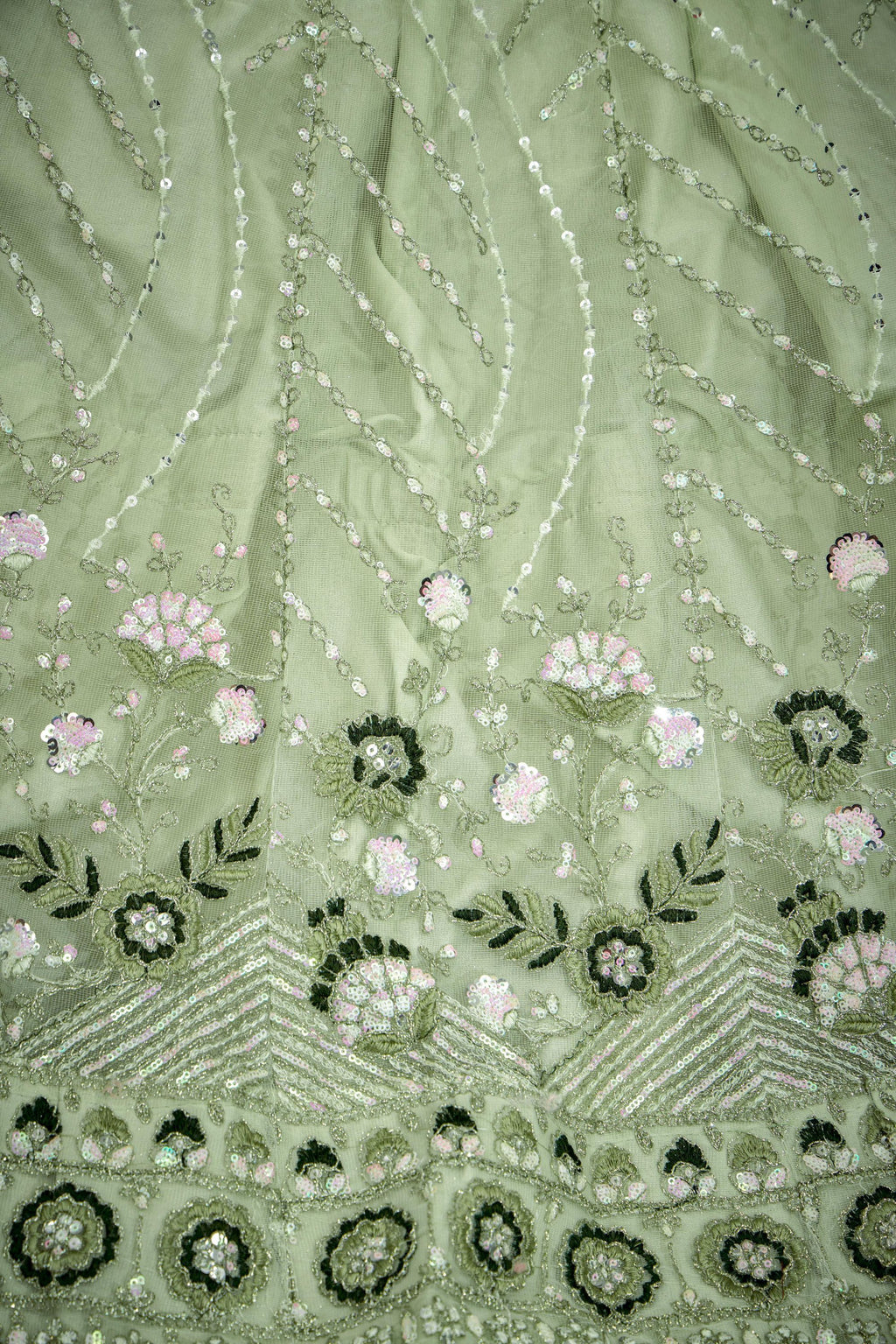 Light Pista Net Lehenga Choli For Indian Festival & Weddings - Thread Embroidery Work, Sequence Embroidery Work