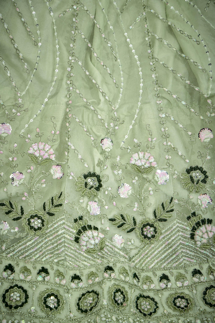 Light Pista Net Lehenga Choli For Indian Festival & Weddings - Thread Embroidery Work, Sequence Embroidery Work