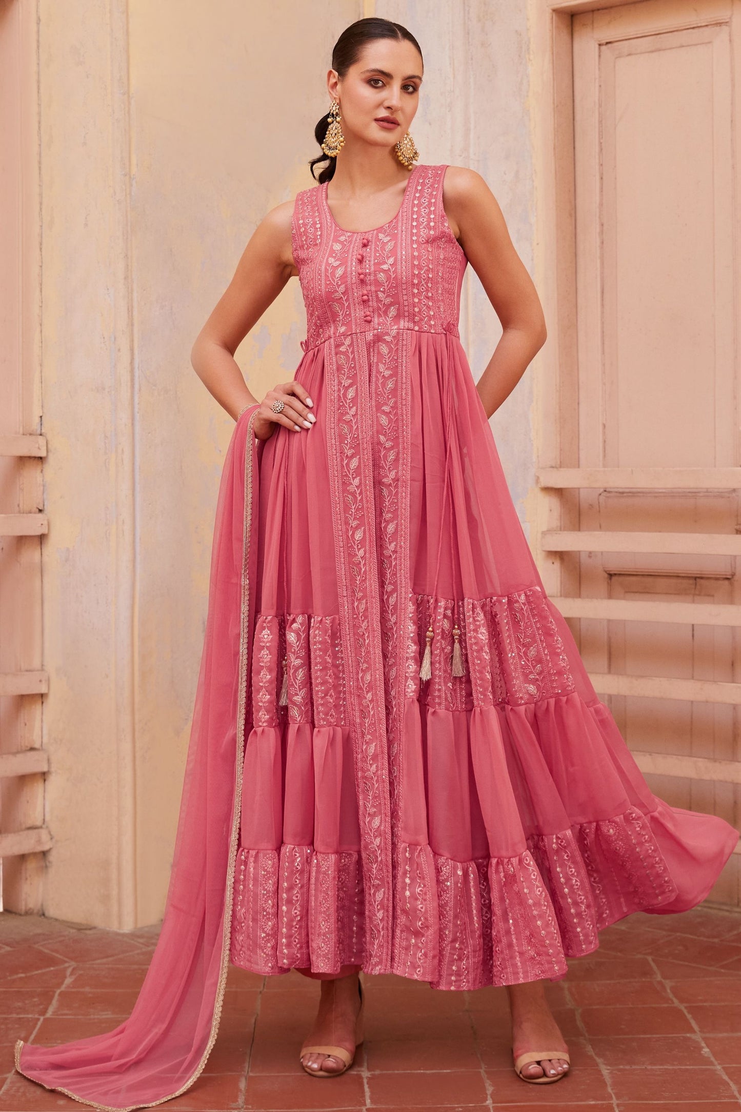 Hot Pink Georgette Long Anarkali with Front Slit and Pant For Indian Festivals & Weddings - Thread & Sequence Embroidery Work, Zari Work