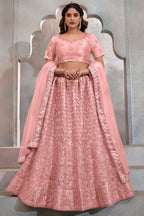 Peach Net Lehenga Choli For Indian Festival & Weddings - Thread Embroidery Work, Sequence Embroidery Work
