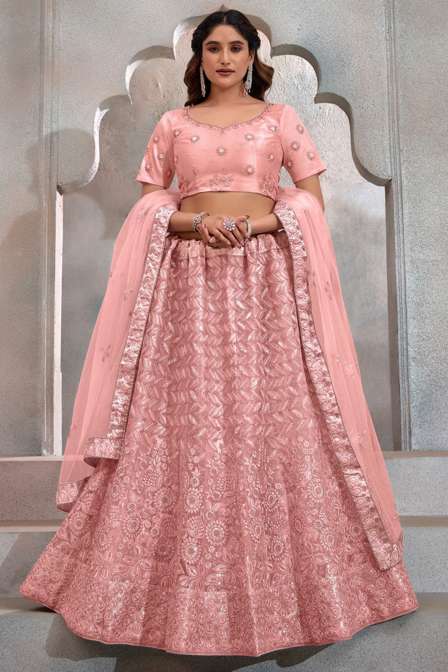 Peach Net Lehenga Choli For Indian Festival & Weddings - Thread Embroidery Work, Sequence Embroidery Work
