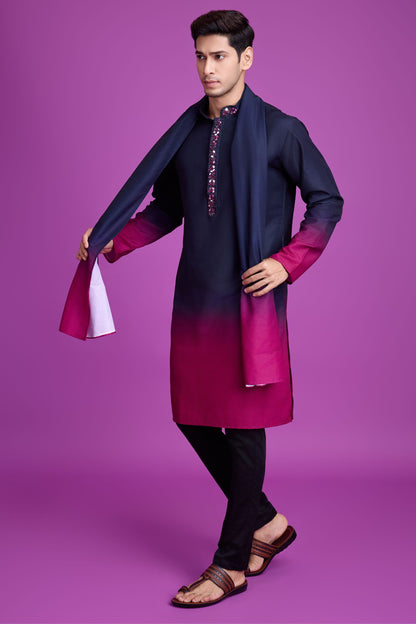 Navy Blue Rayon Dual Color Kurta Pyjama for Men For Navratri Garba Festivals - Mirror Work