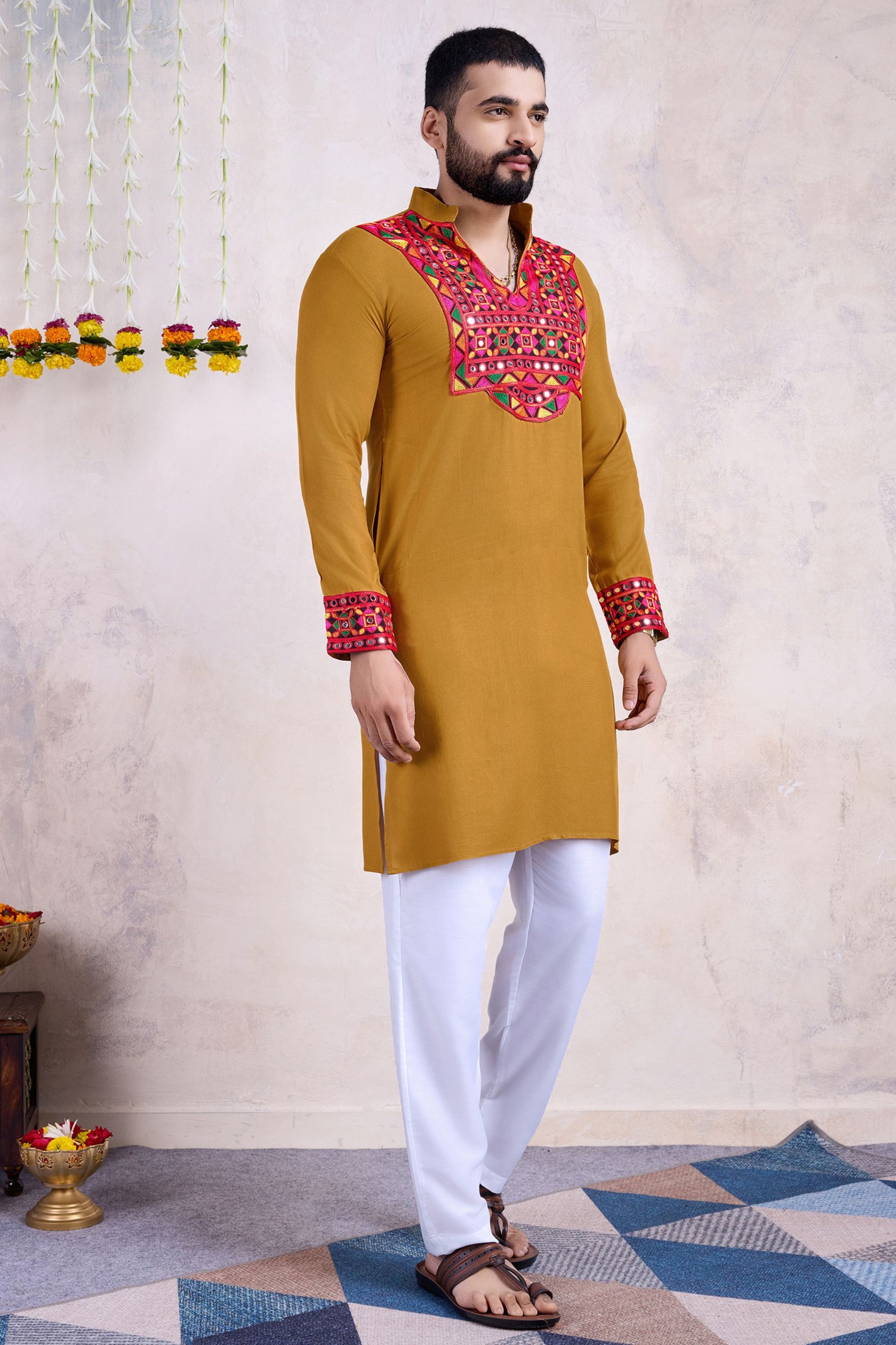 Yellow Rayon Kurta Pyjama for Men For Navratri Garba Festivals - Embroidery Work, Real Mirror Work