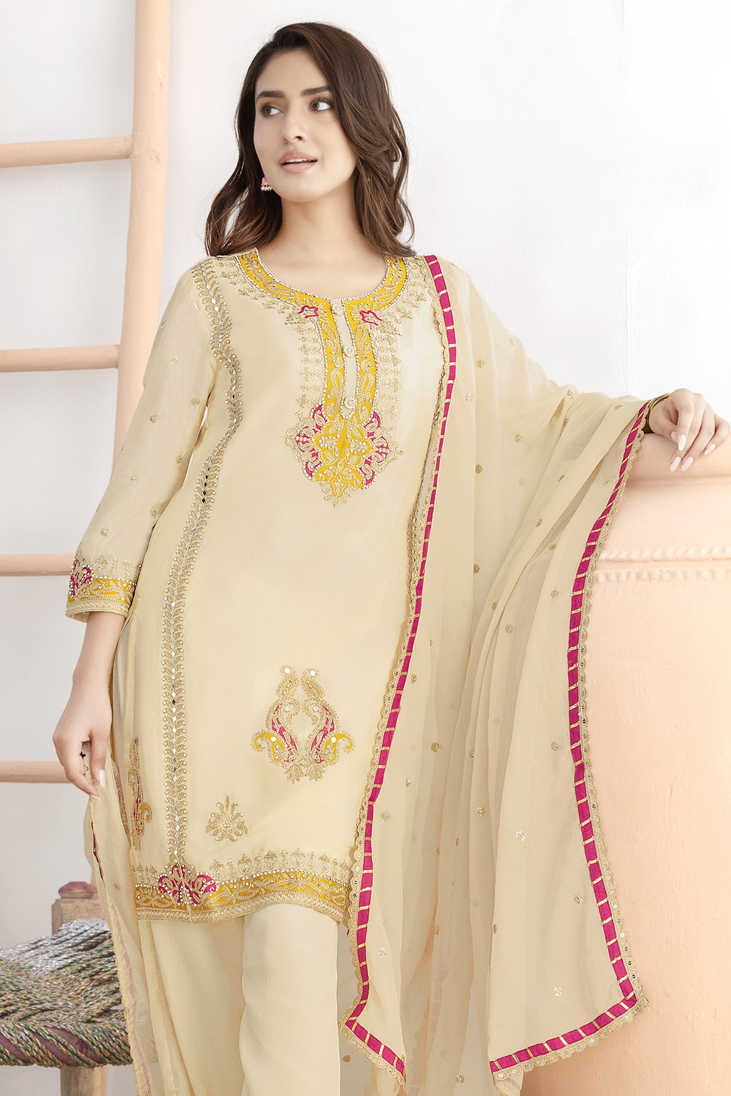 Cream Suit Womens - Kameez Pant in Chinon Silk with Mirror & Embroidery Work