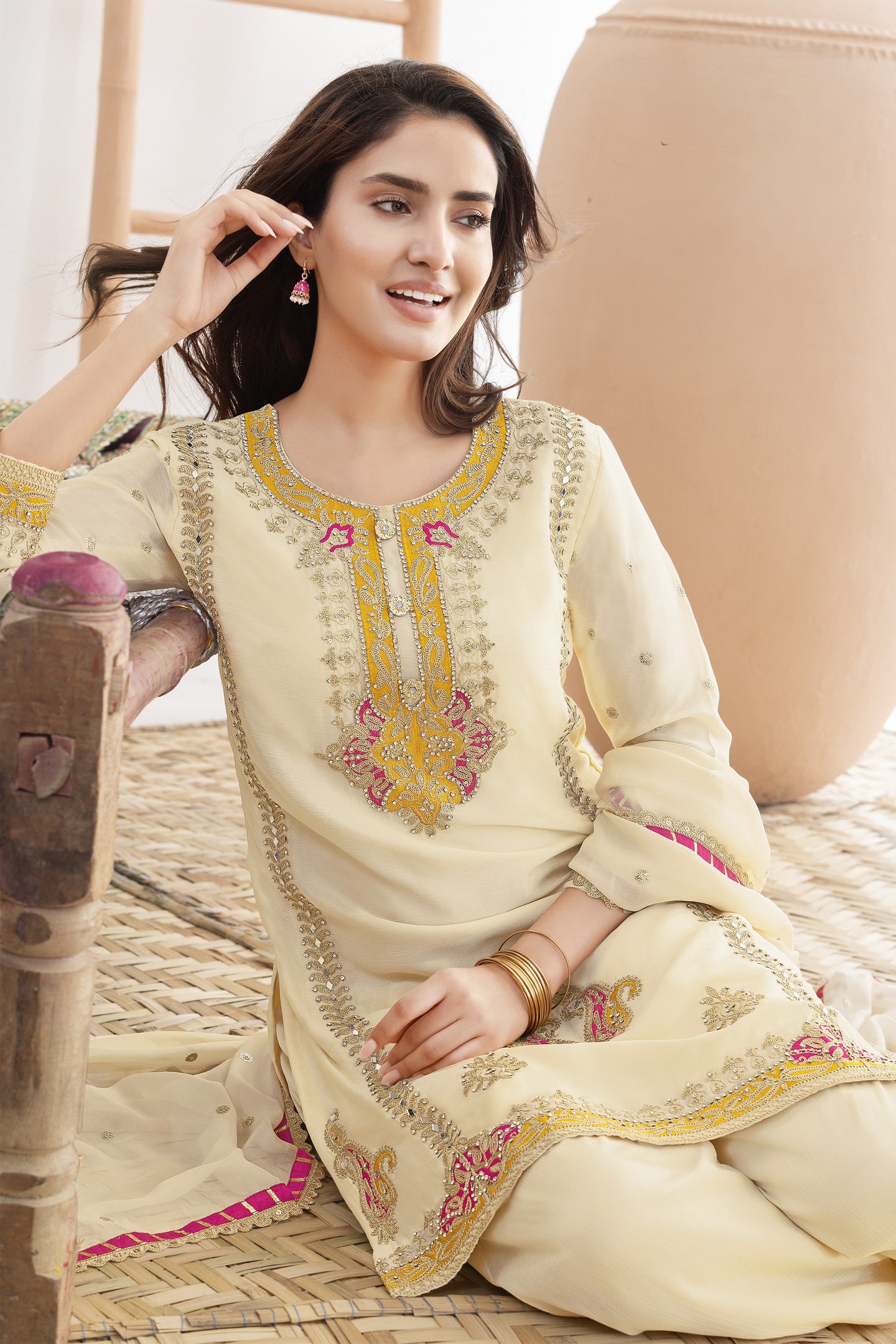 Cream Suit Womens - Kameez Pant in Chinon Silk with Mirror & Embroidery Work