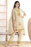 Cream Suit Womens - Kameez Pant in Chinon Silk with Mirror & Embroidery Work
