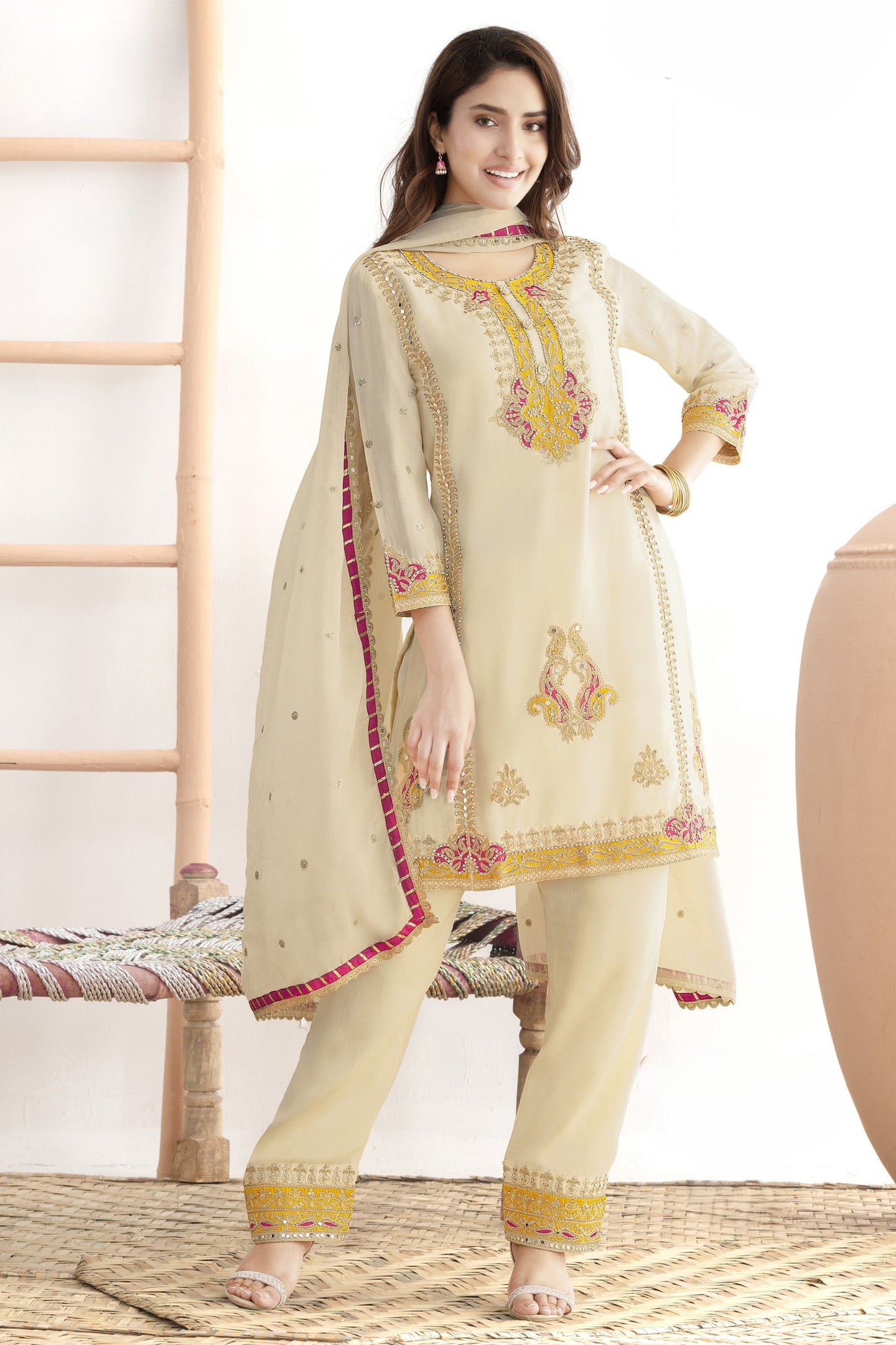 Cream Suit Womens - Kameez Pant in Chinon Silk with Mirror & Embroidery Work