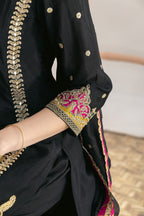 Women's Black Pant Suit for Wedding in Chinon Silk with Mirror & Embroidery Work