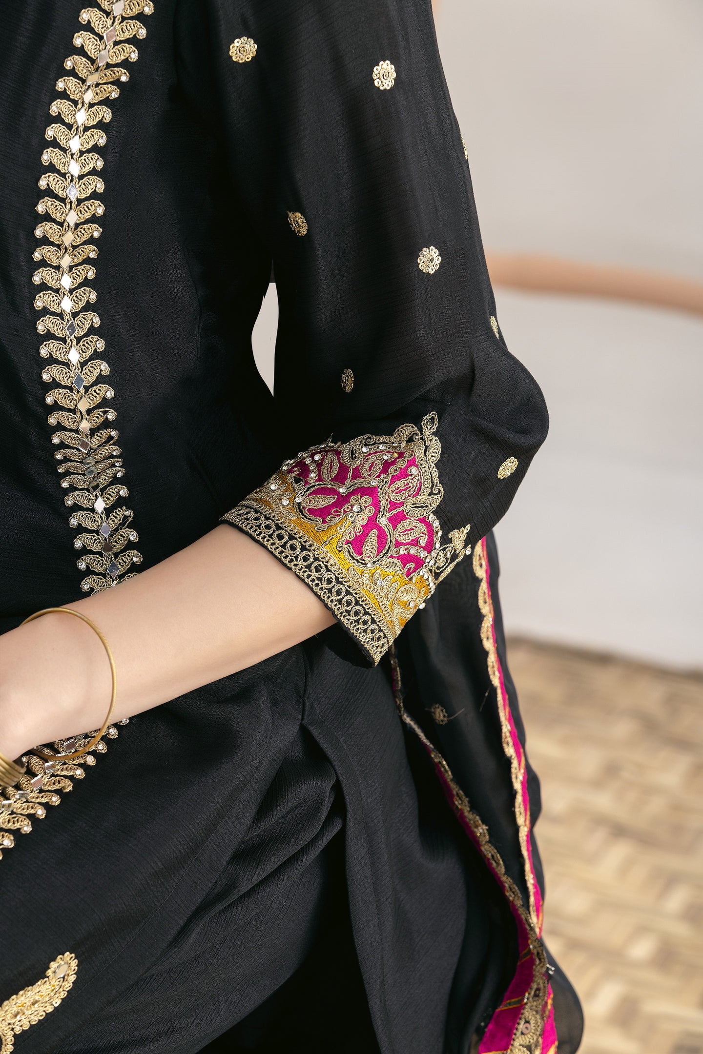 Women's Black Pant Suit for Wedding in Chinon Silk with Mirror & Embroidery Work