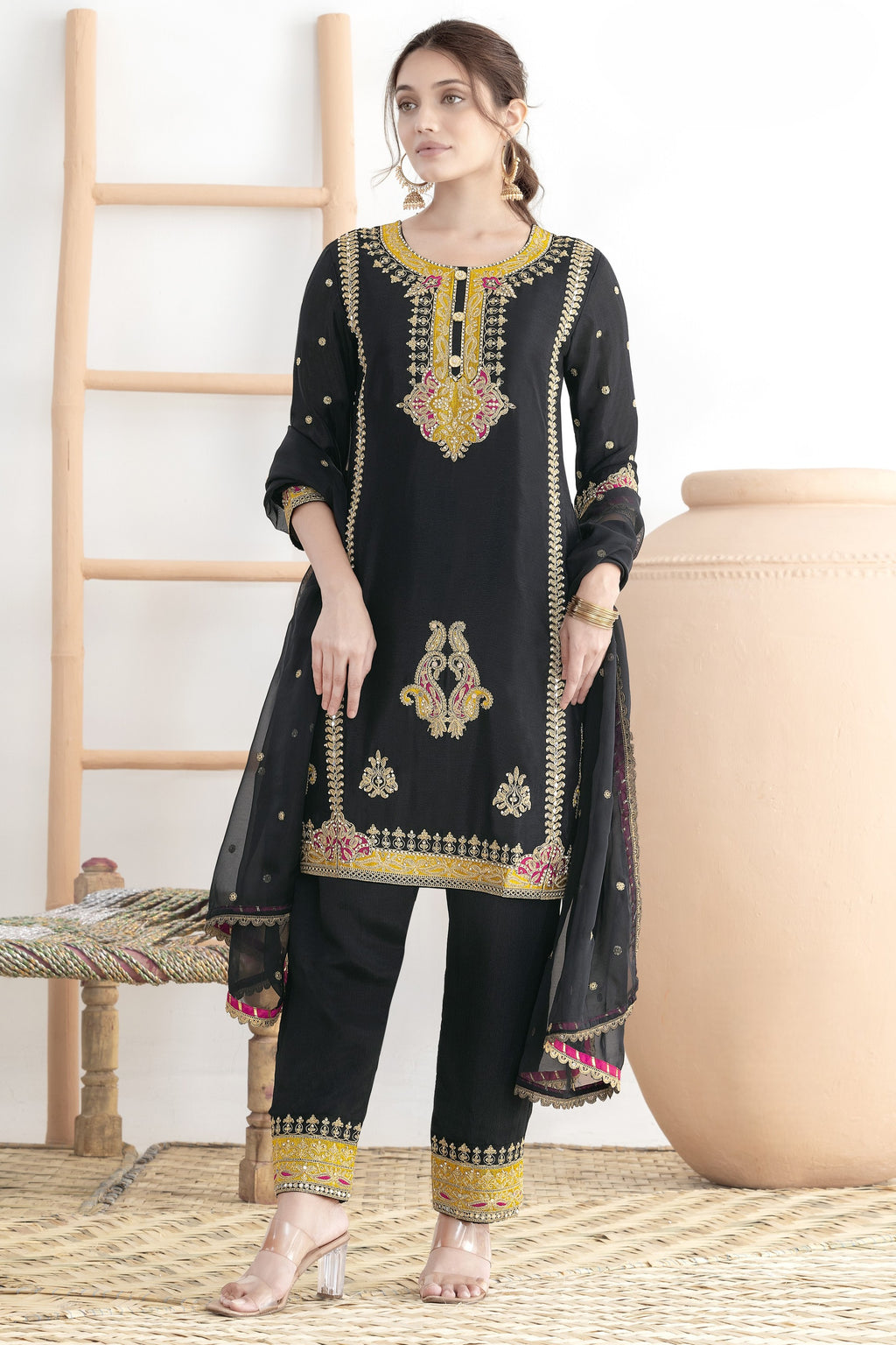 Women's Black Pant Suit for Wedding in Chinon Silk with Mirror & Embroidery Work