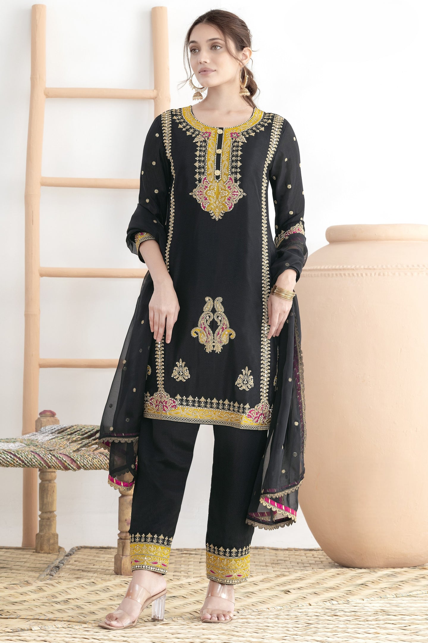 Women's Black Pant Suit for Wedding in Chinon Silk with Mirror & Embroidery Work
