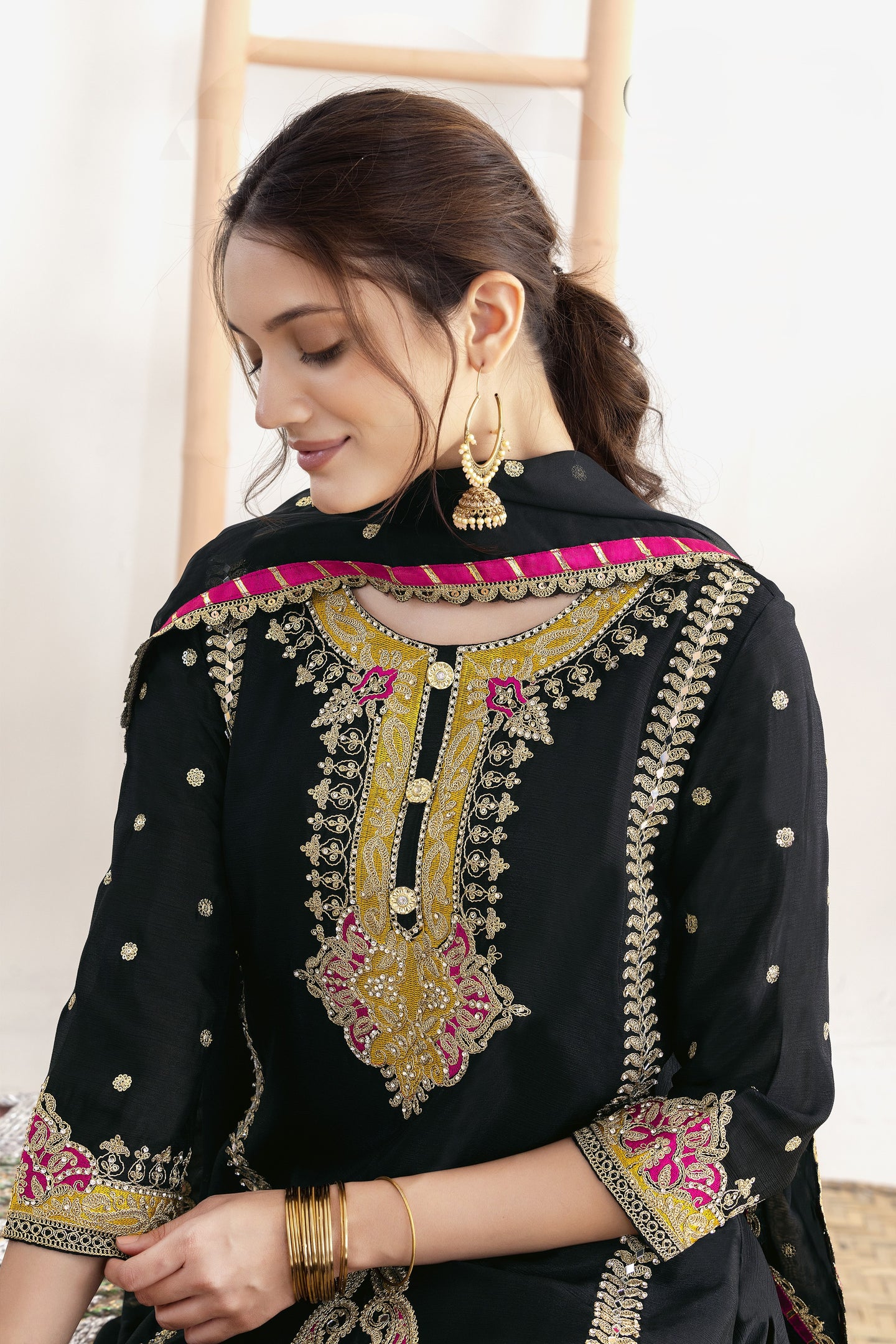 Women's Black Pant Suit for Wedding in Chinon Silk with Mirror & Embroidery Work