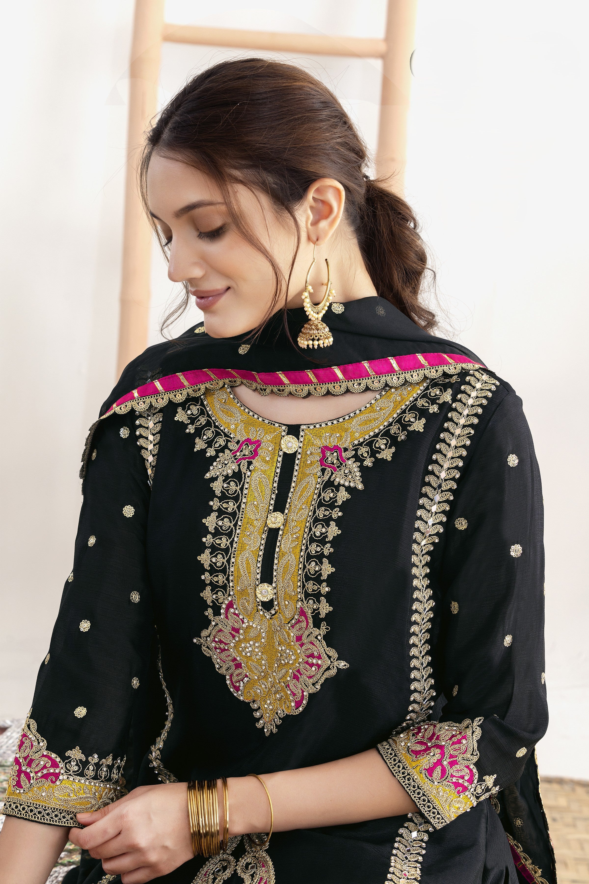 Women's Black Pant Suit for Wedding in Chinon Silk with Mirror & Embroidery Work