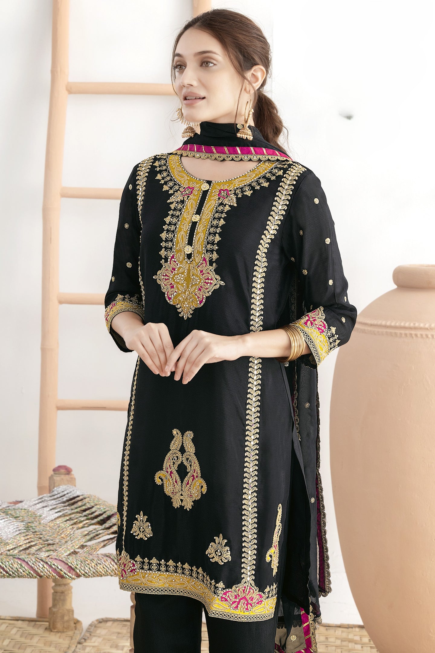 Women's Black Pant Suit for Wedding in Chinon Silk with Mirror & Embroidery Work
