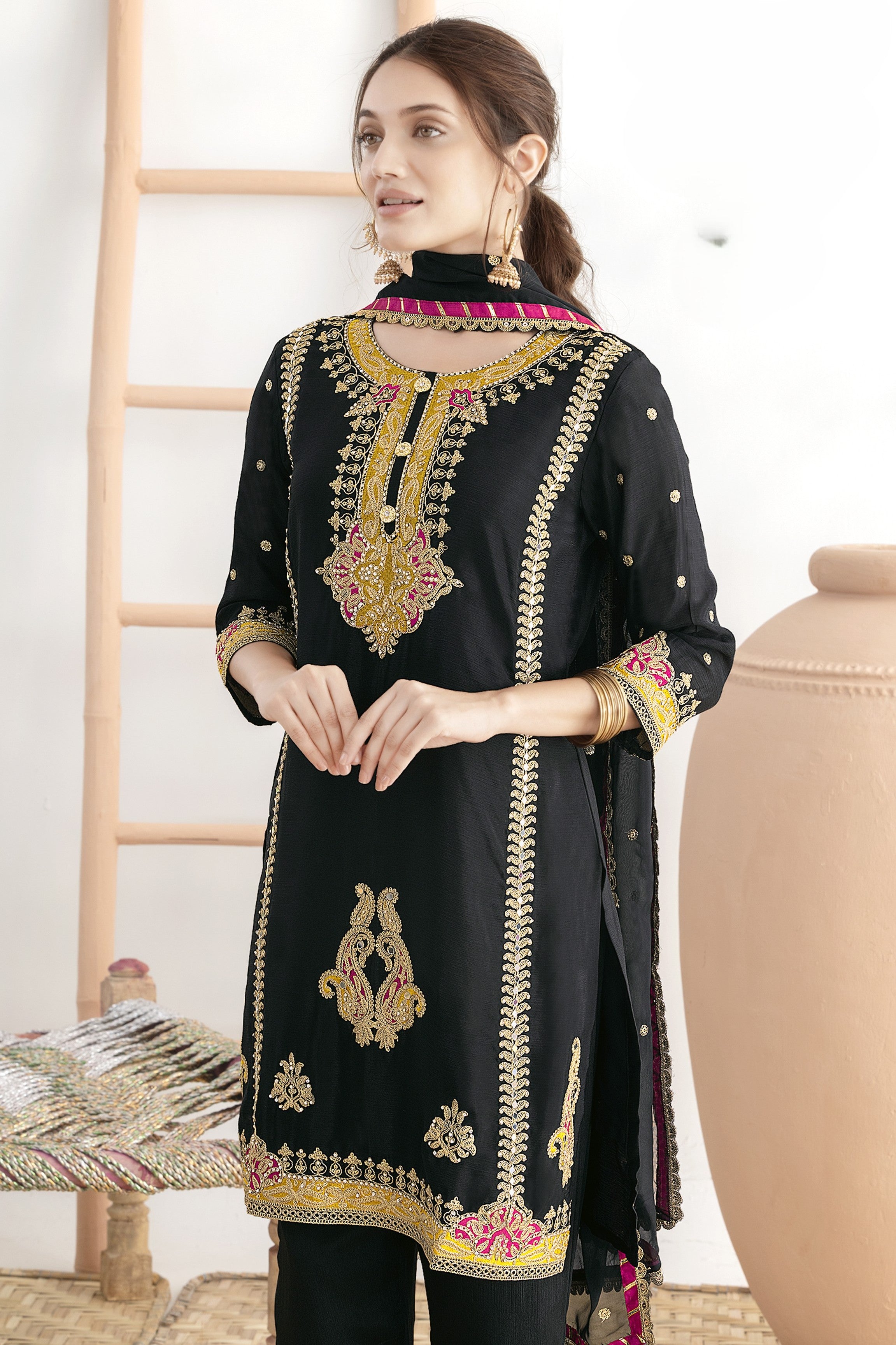 Women's Black Pant Suit for Wedding in Chinon Silk with Mirror & Embroidery Work