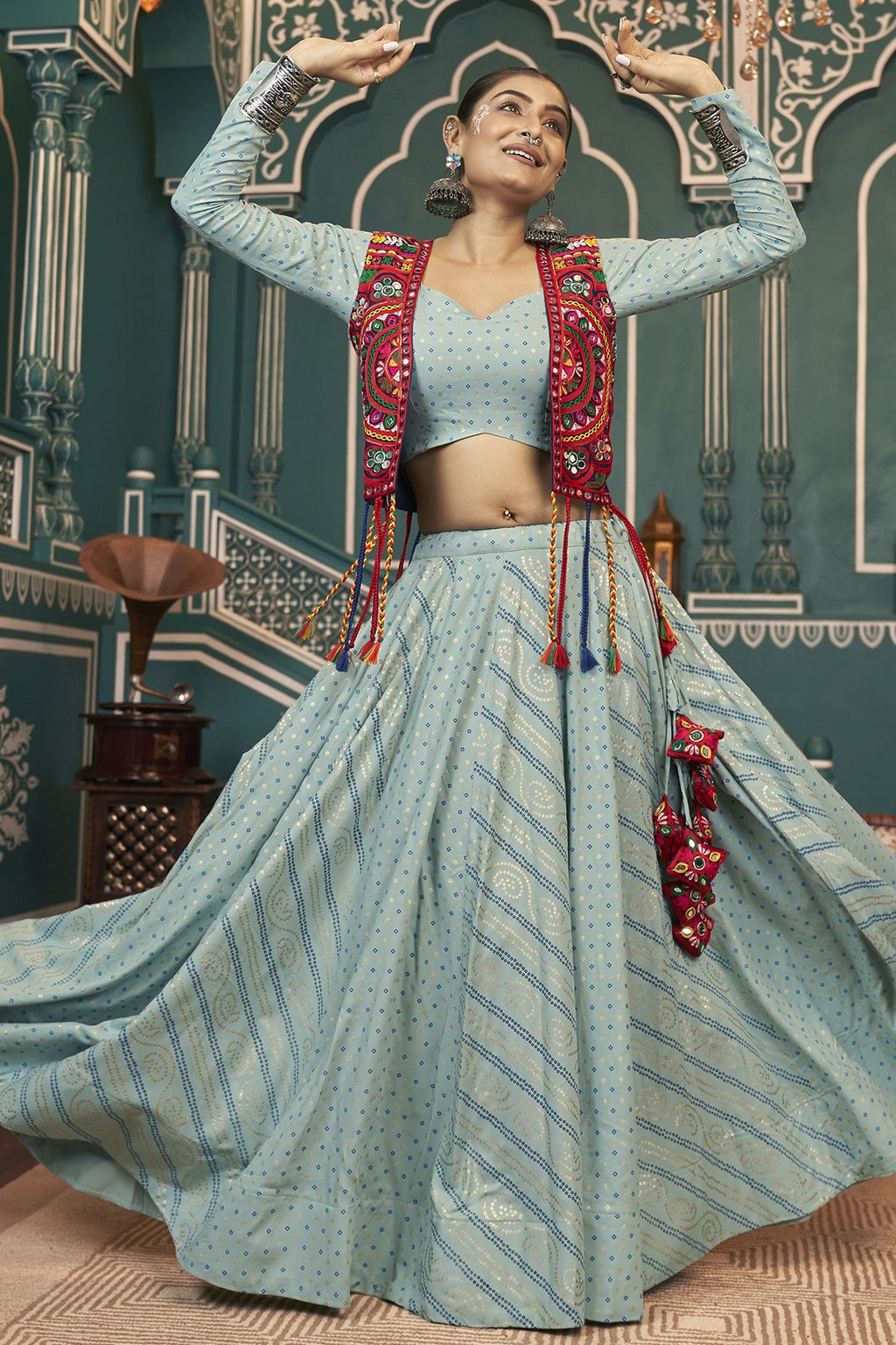 Blue Rayon Silk Lehenga Choli For Indian Festivals & Pakistani Weddings Dress -Embroidery Work, Foil Print Work