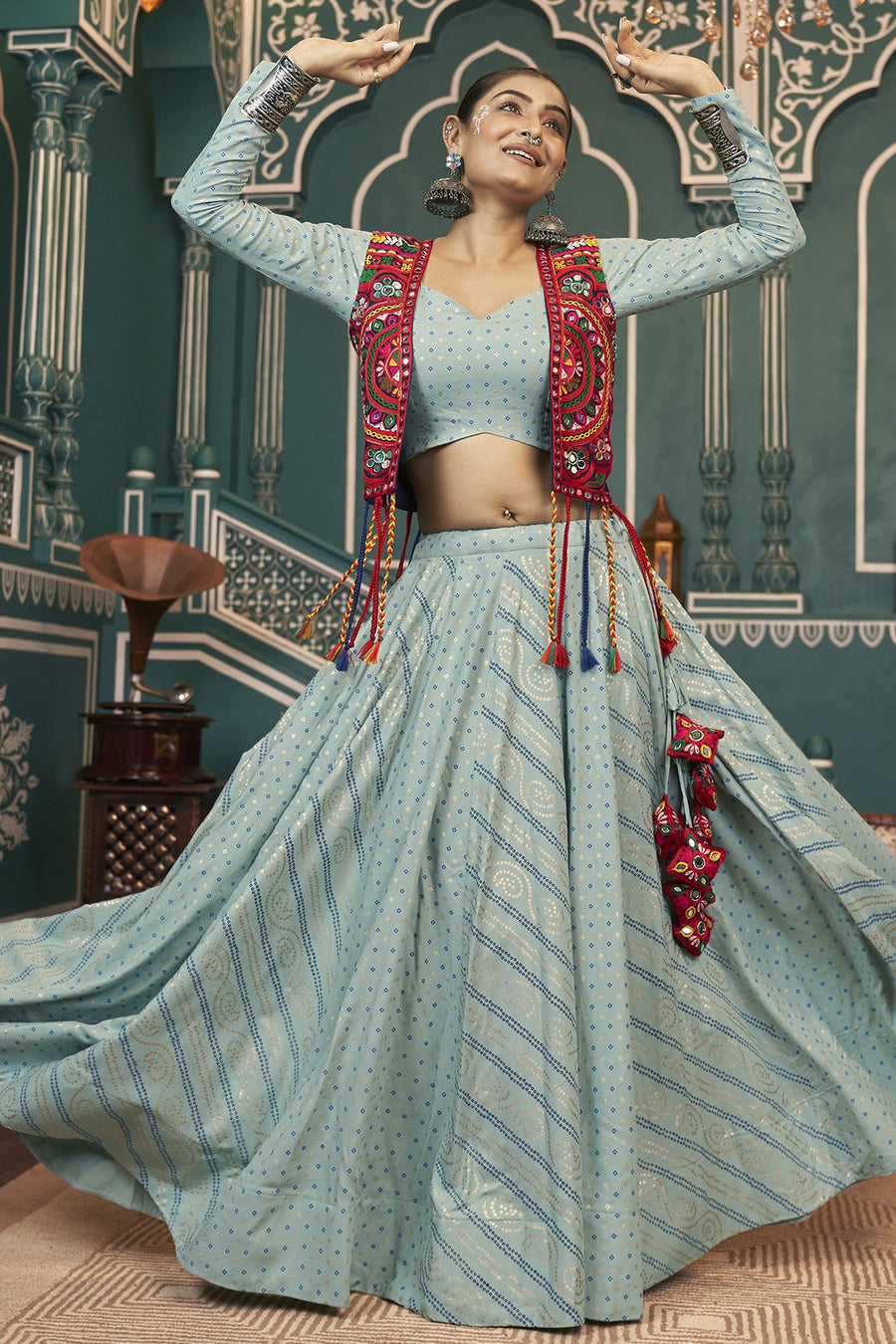 Blue Rayon Silk Lehenga Choli For Indian Festivals & Pakistani Weddings Dress -Embroidery Work, Foil Print Work