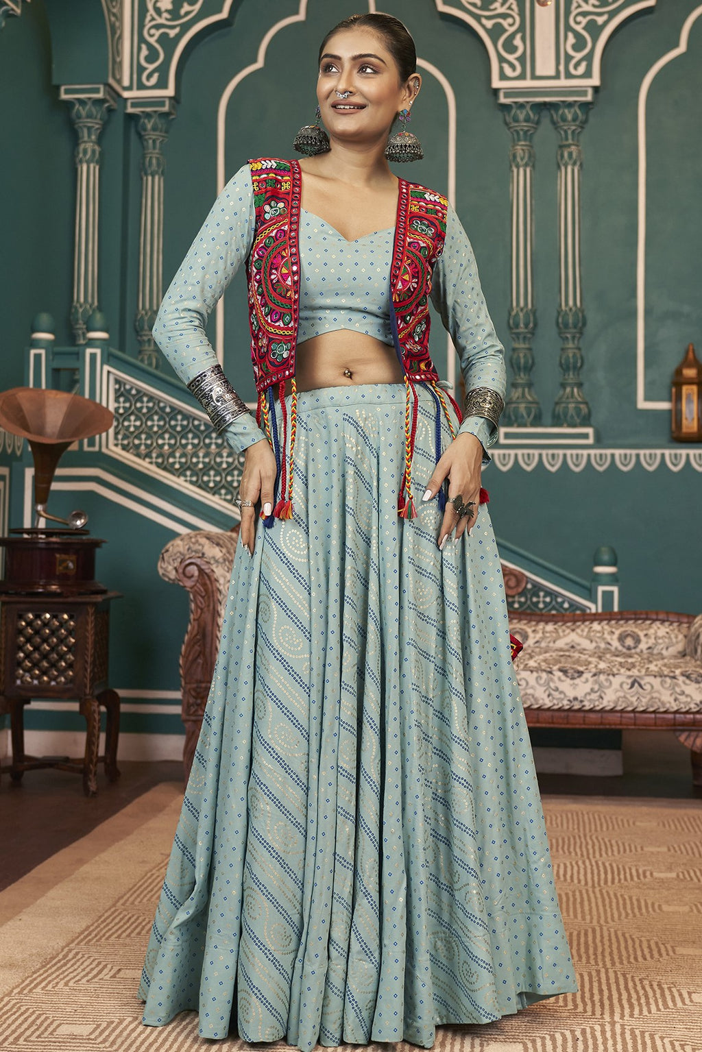 Blue Rayon Silk Lehenga Choli For Indian Festivals & Pakistani Weddings Dress -Embroidery Work, Foil Print Work