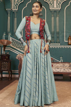 Blue Rayon Silk Lehenga Choli For Indian Festivals & Pakistani Weddings Dress -Embroidery Work, Foil Print Work