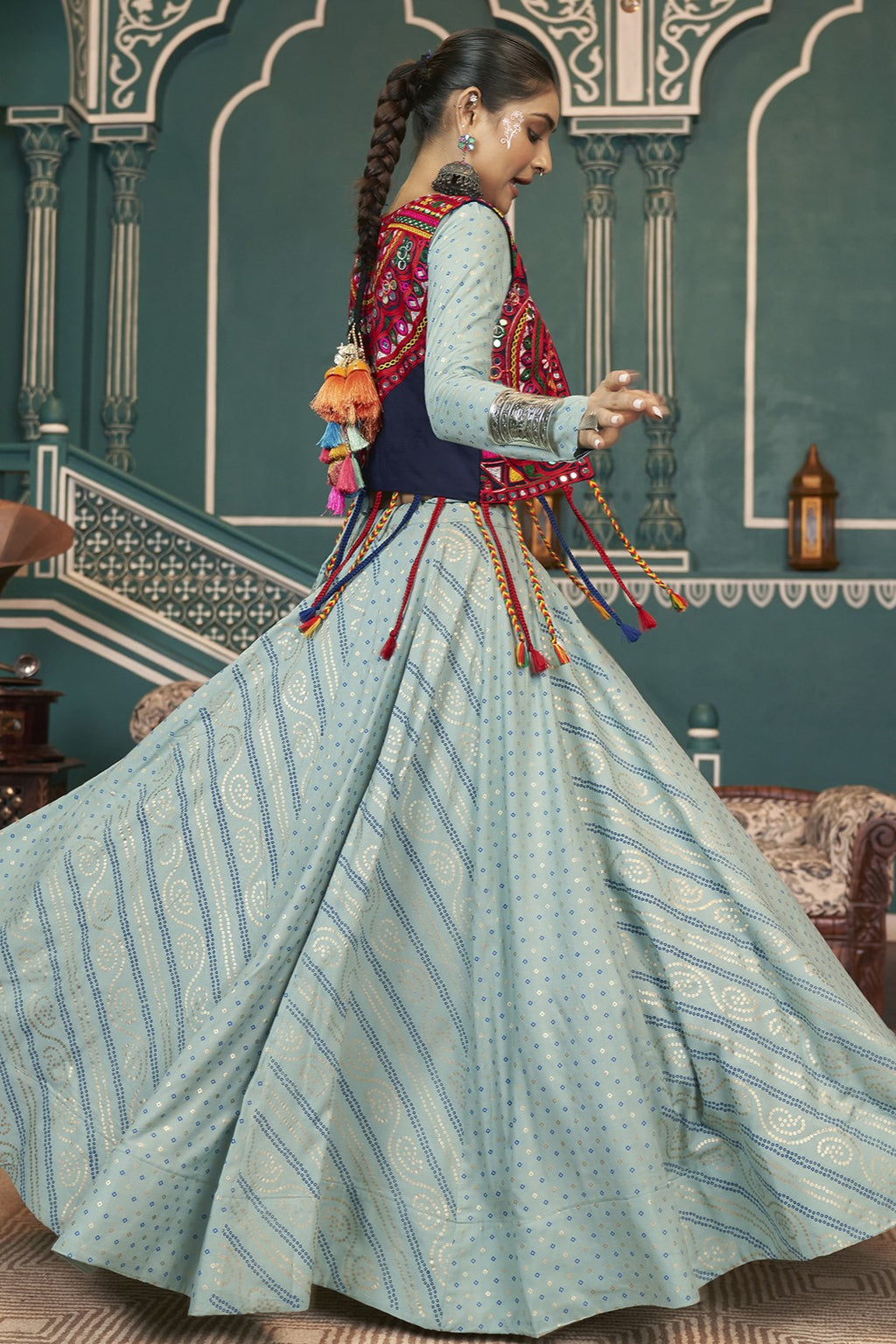 Blue Rayon Silk Lehenga Choli For Indian Festivals & Pakistani Weddings Dress -Embroidery Work, Foil Print Work