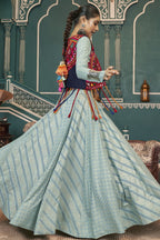 Blue Rayon Silk Lehenga Choli For Indian Festivals & Pakistani Weddings Dress -Embroidery Work, Foil Print Work