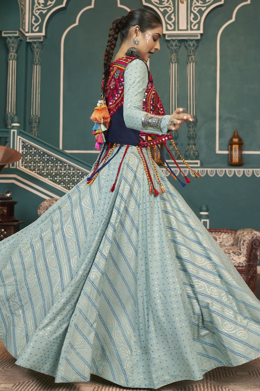 Blue Rayon Silk Lehenga Choli For Indian Festivals & Pakistani Weddings Dress -Embroidery Work, Foil Print Work