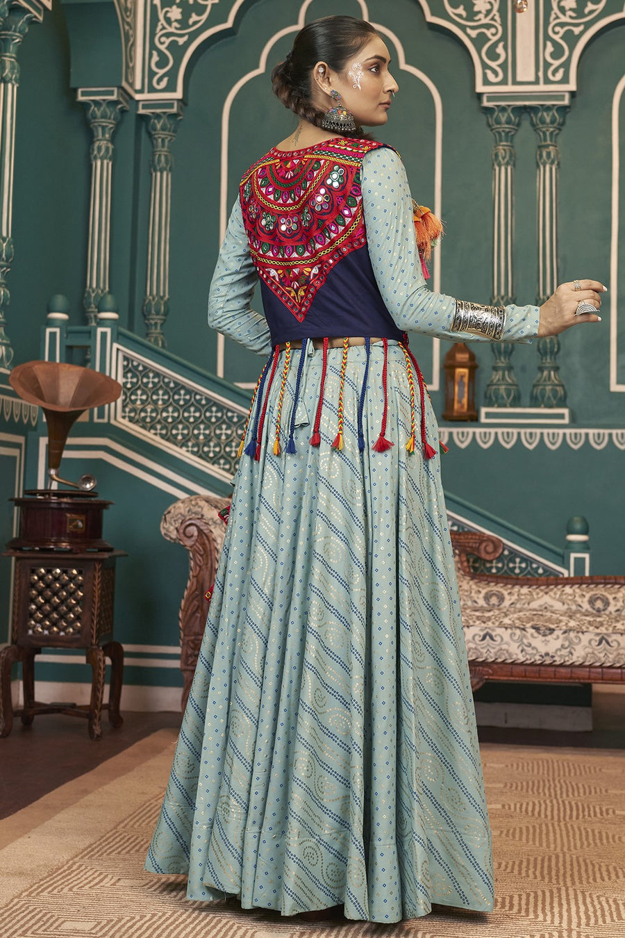 Blue Rayon Silk Lehenga Choli For Indian Festivals & Pakistani Weddings Dress -Embroidery Work, Foil Print Work