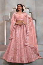 Peach Net Lehenga Choli For Indian Festival & Weddings - Thread Embroidery Work, Sequence Embroidery Work