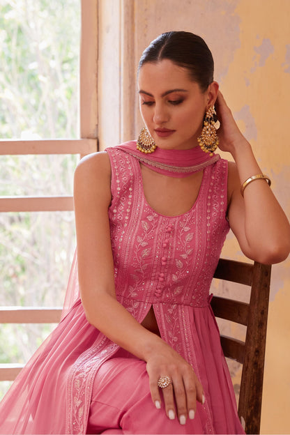 Hot Pink Georgette Long Anarkali with Front Slit and Pant For Indian Festivals & Weddings - Thread & Sequence Embroidery Work, Zari Work