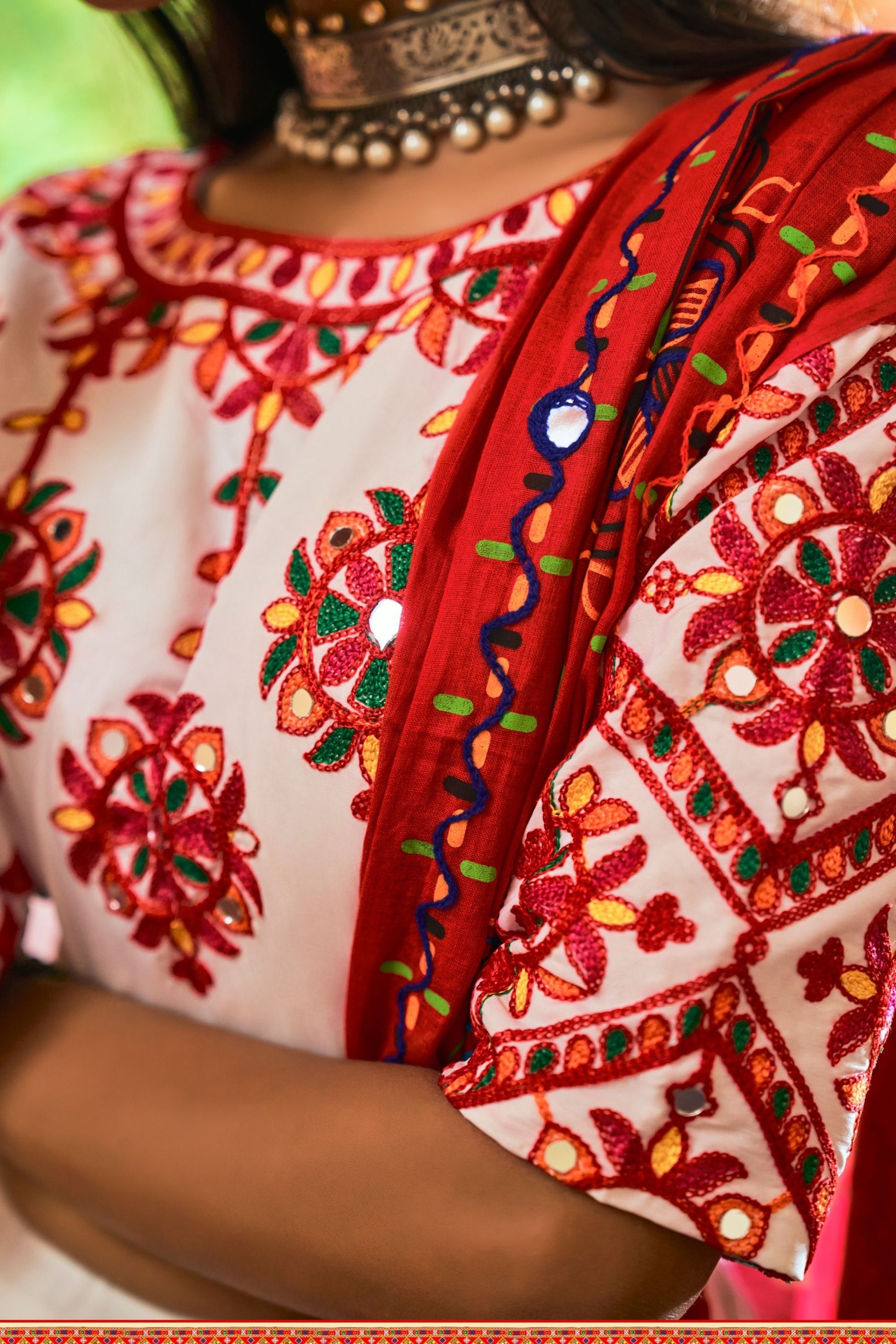 White Indian Cotton Chaniya Choli For Navratri Garba Festivals 8 Meter Flair - Thread Embroidery Work, Mirror Work, Print Work, Aari Work