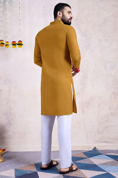 Yellow Rayon Kurta Pyjama for Men For Navratri Garba Festivals - Embroidery Work, Real Mirror Work