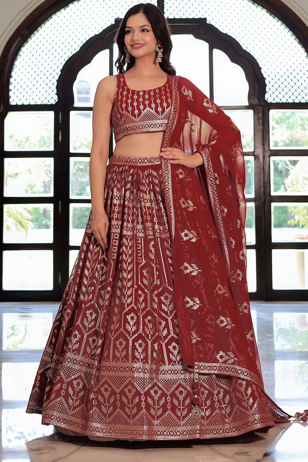 Brownish Maroon Georgette Lehenga Choli For Indian & Pakistani Wedding Festival - Sequins & Thread Embroidery Work