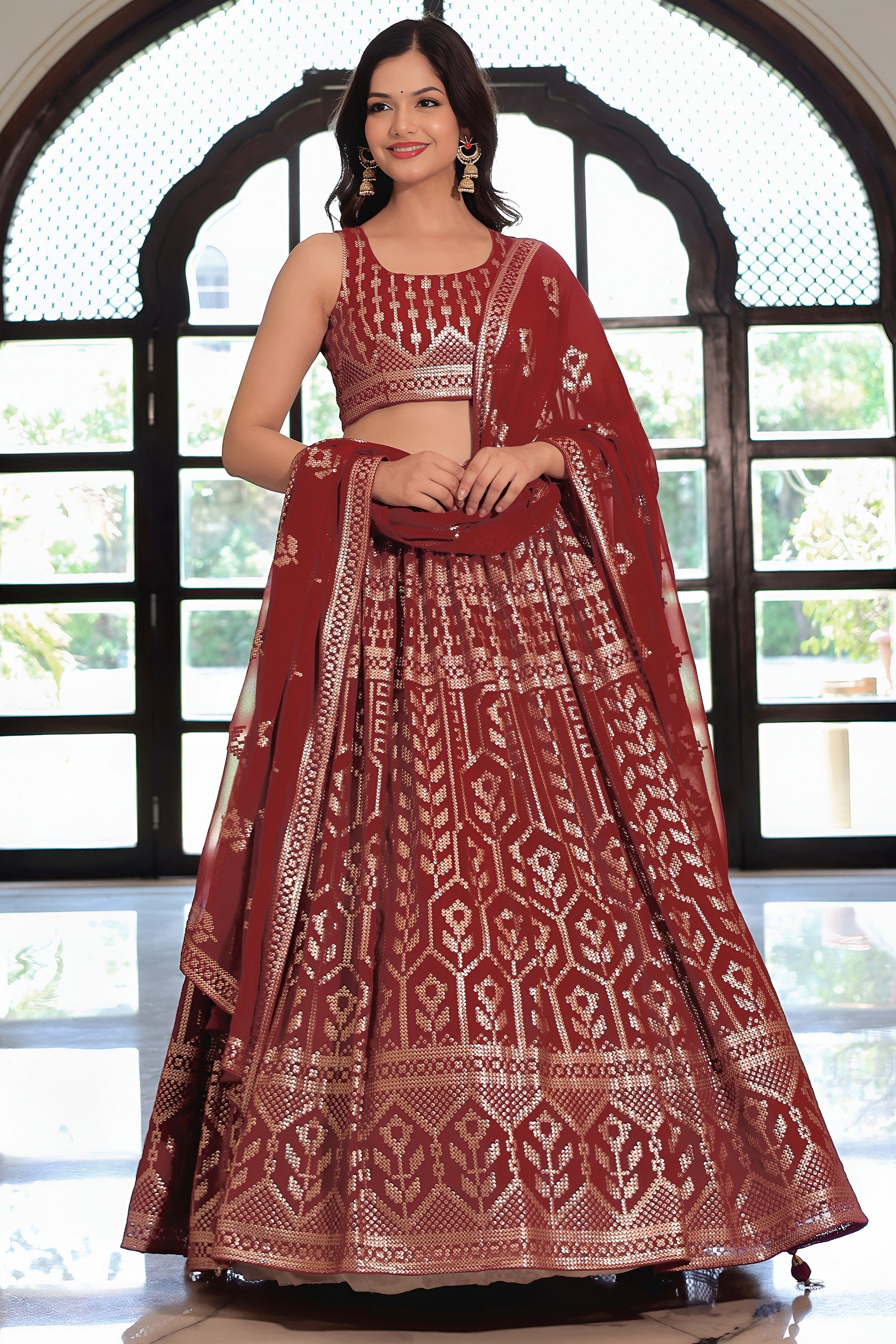 Brownish Maroon Georgette Lehenga Choli For Indian & Pakistani Wedding Festival - Sequins & Thread Embroidery Work