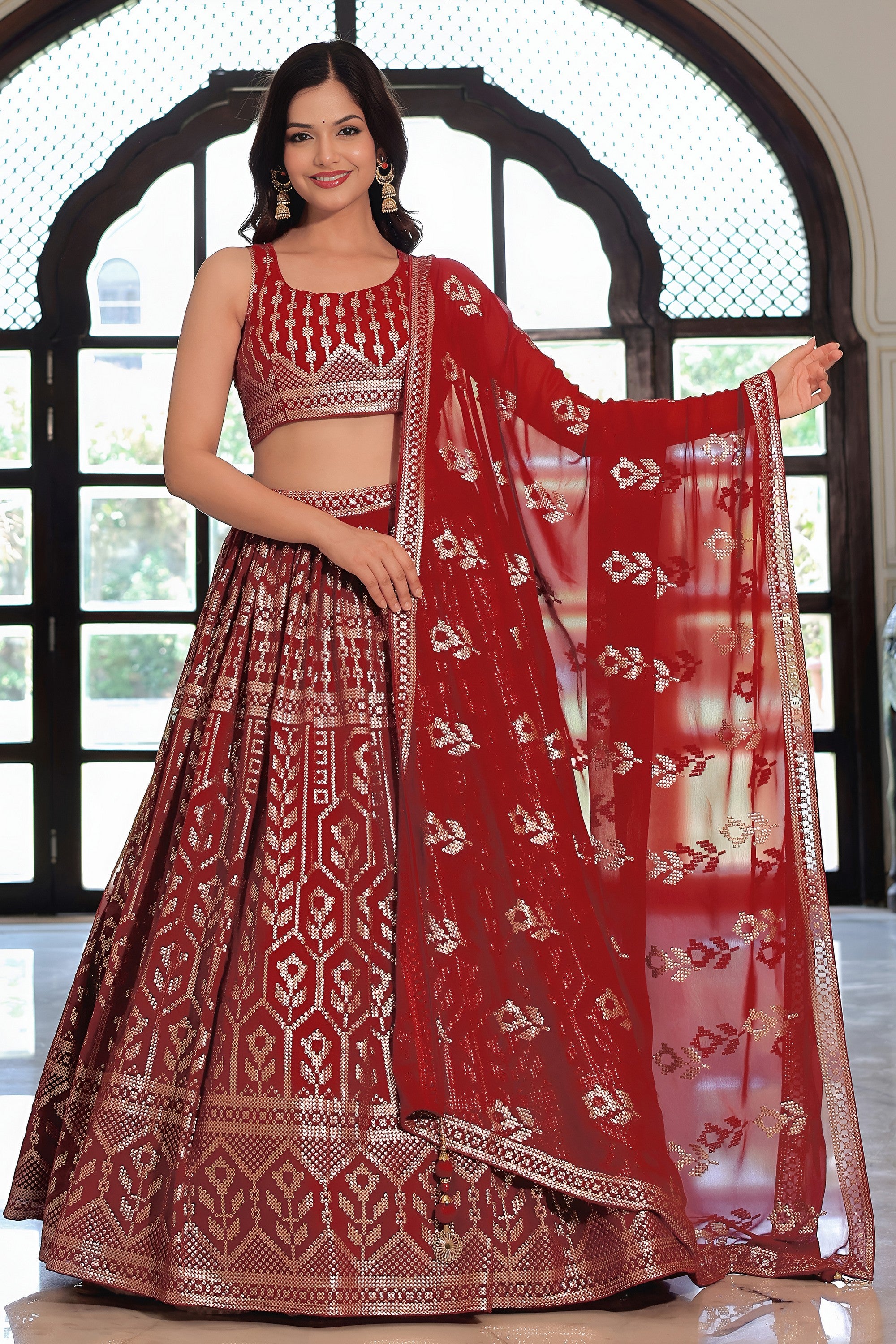 Brownish Maroon Georgette Lehenga Choli For Indian & Pakistani Wedding Festival - Sequins & Thread Embroidery Work