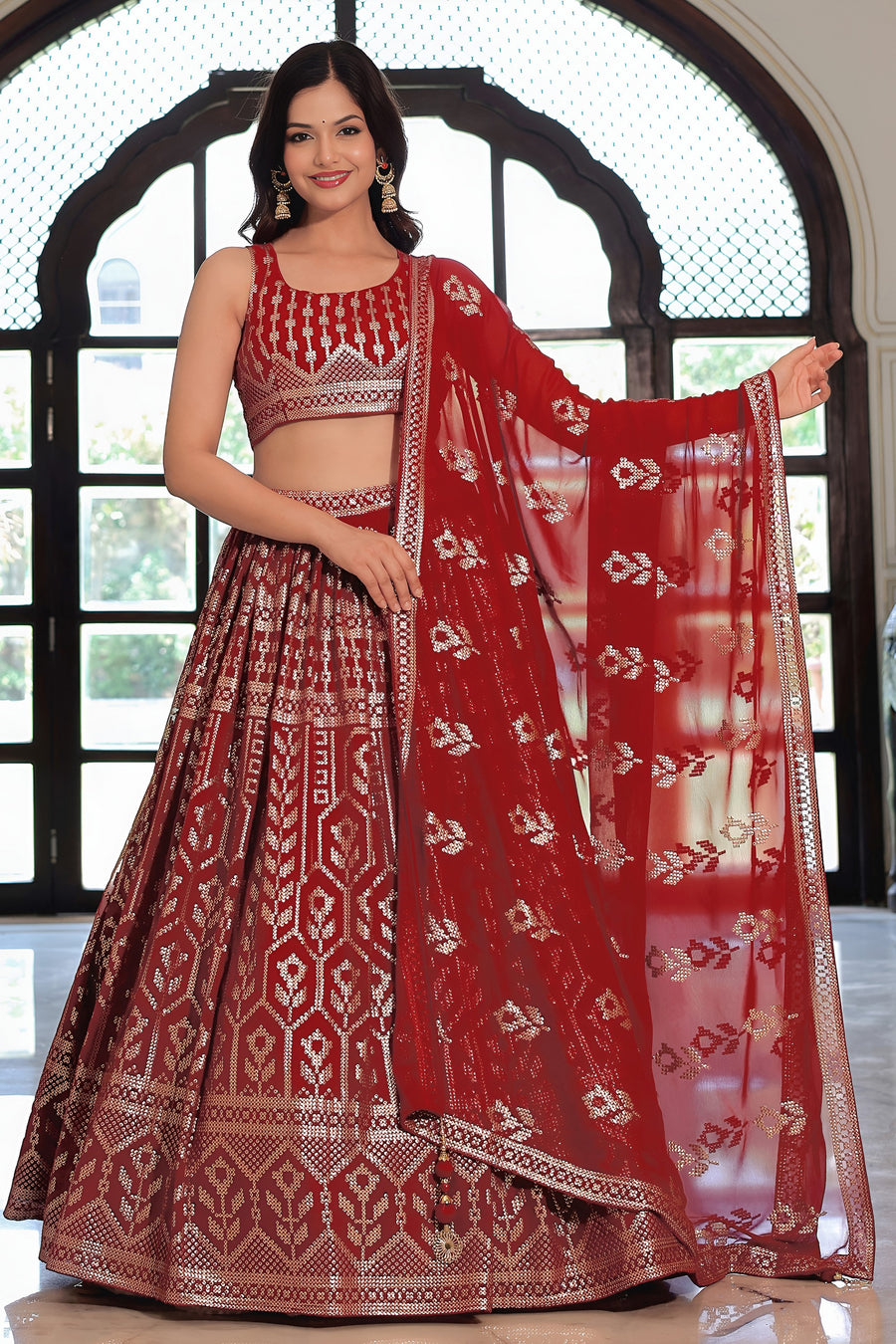 Brownish Maroon Georgette Lehenga Choli For Indian & Pakistani Wedding Festival - Sequins & Thread Embroidery Work