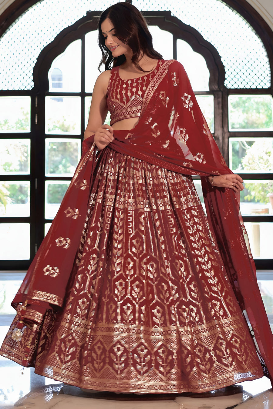 Brownish Maroon Georgette Lehenga Choli For Indian & Pakistani Wedding Festival - Sequins & Thread Embroidery Work