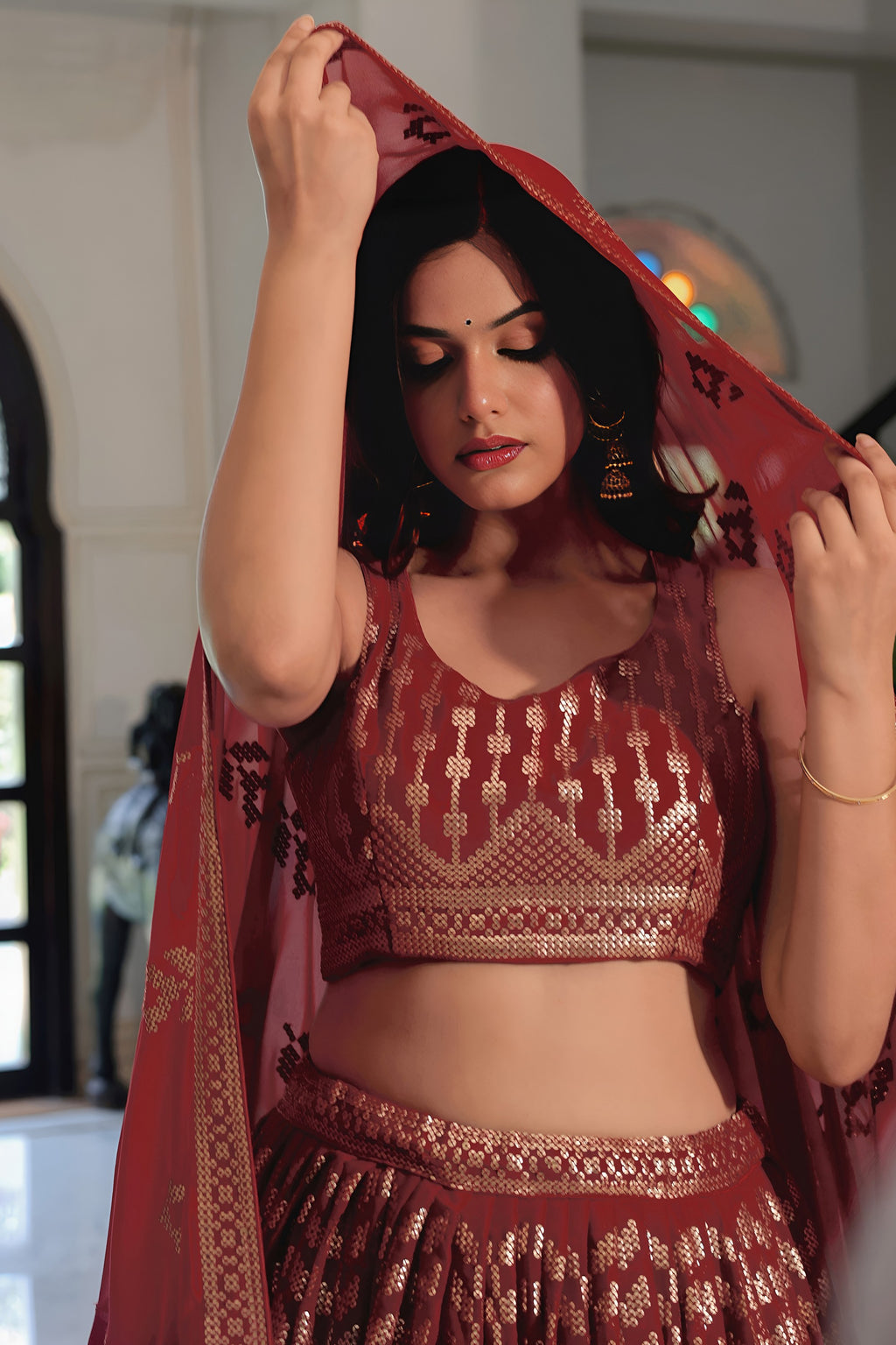 Brownish Maroon Georgette Lehenga Choli For Indian & Pakistani Wedding Festival - Sequins & Thread Embroidery Work