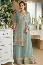 Sea Green Georgette Kameez With Palazzo Suit For Indian & Pakistani Wedding Festival - Thread & Sequence Embroidery