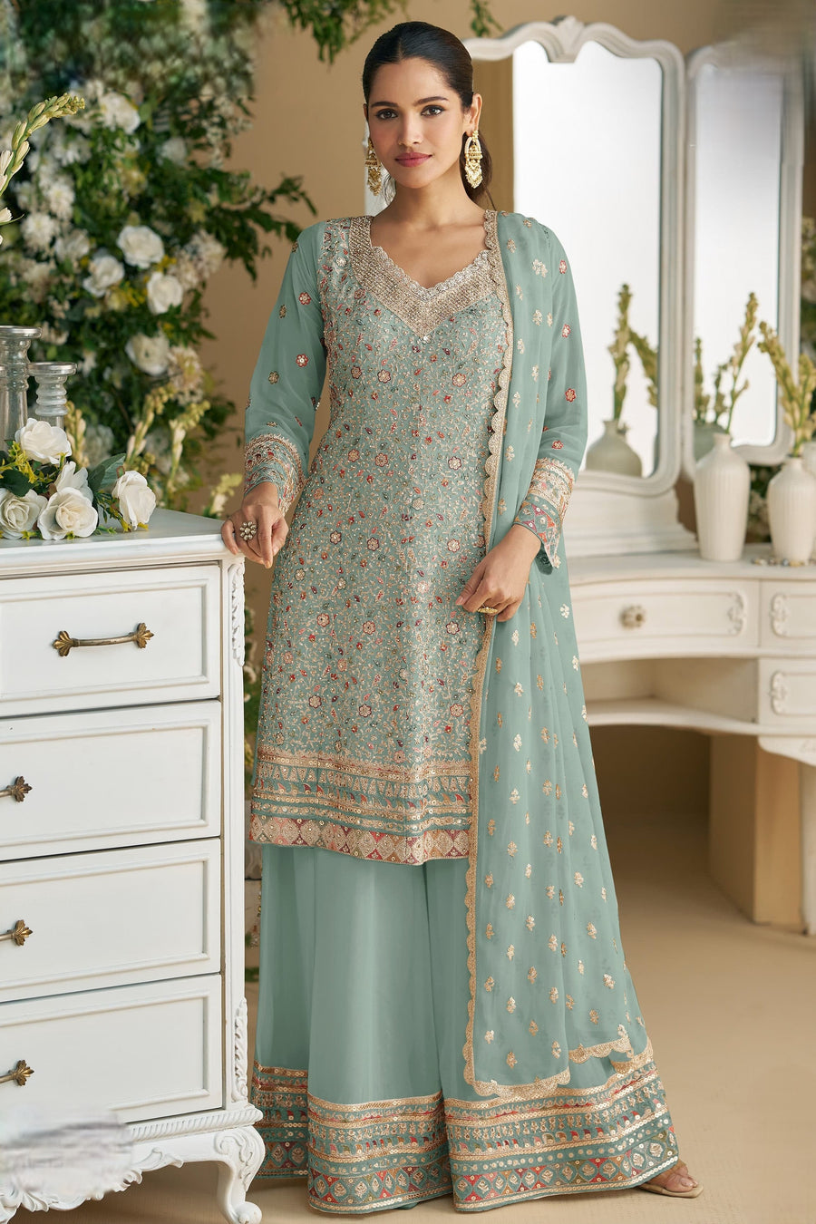 Sea Green Georgette Kameez With Palazzo Suit For Indian & Pakistani Wedding Festival - Thread & Sequence Embroidery