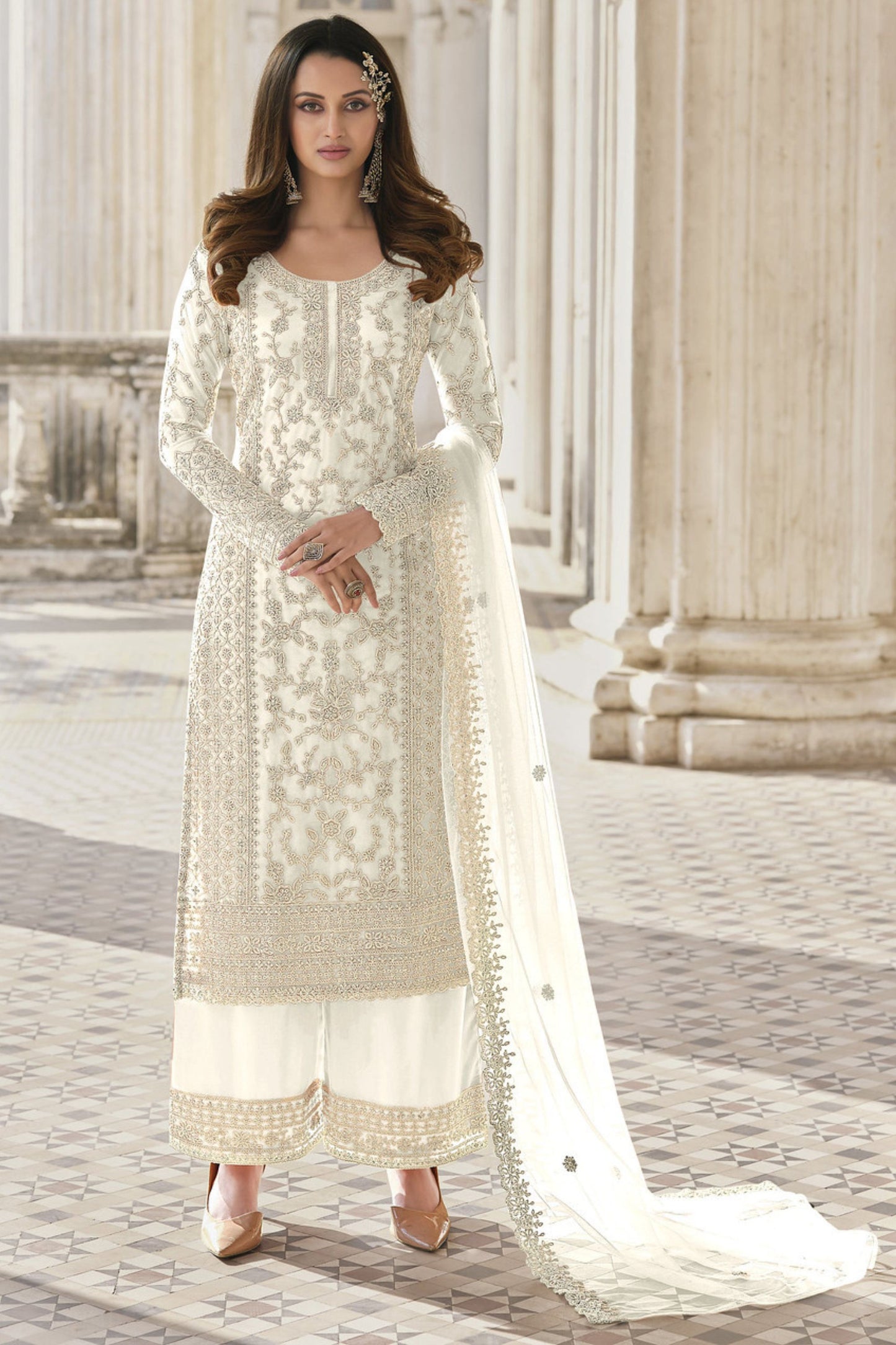 White Net & Cording Work Salwar Kameez Plazzo Suit For Indian Wedding & Festival - Embroidery Work, Cording Work